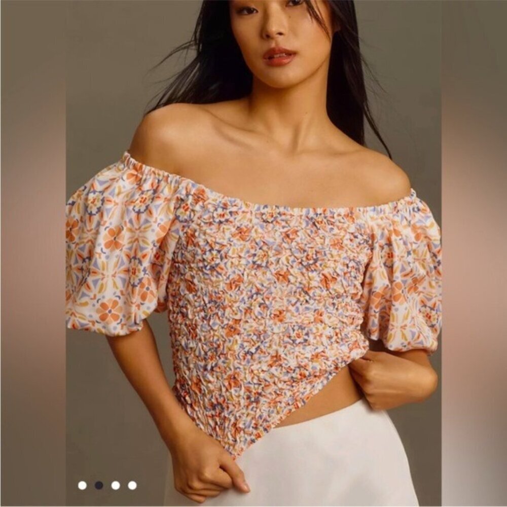Anthropologie Dolan Orange Motif Off-Shoulder Textured Top Size Large Smocked